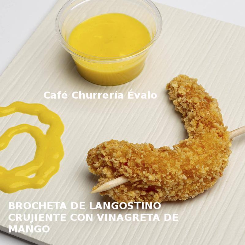 Tapa BROCHETA DE LANGOSTINO CRUJIENTE CON VINAGRETA DE MANGO en Café Churrería Évalo- XI ruta Tapa y el cóctel de Cehegín 2019
